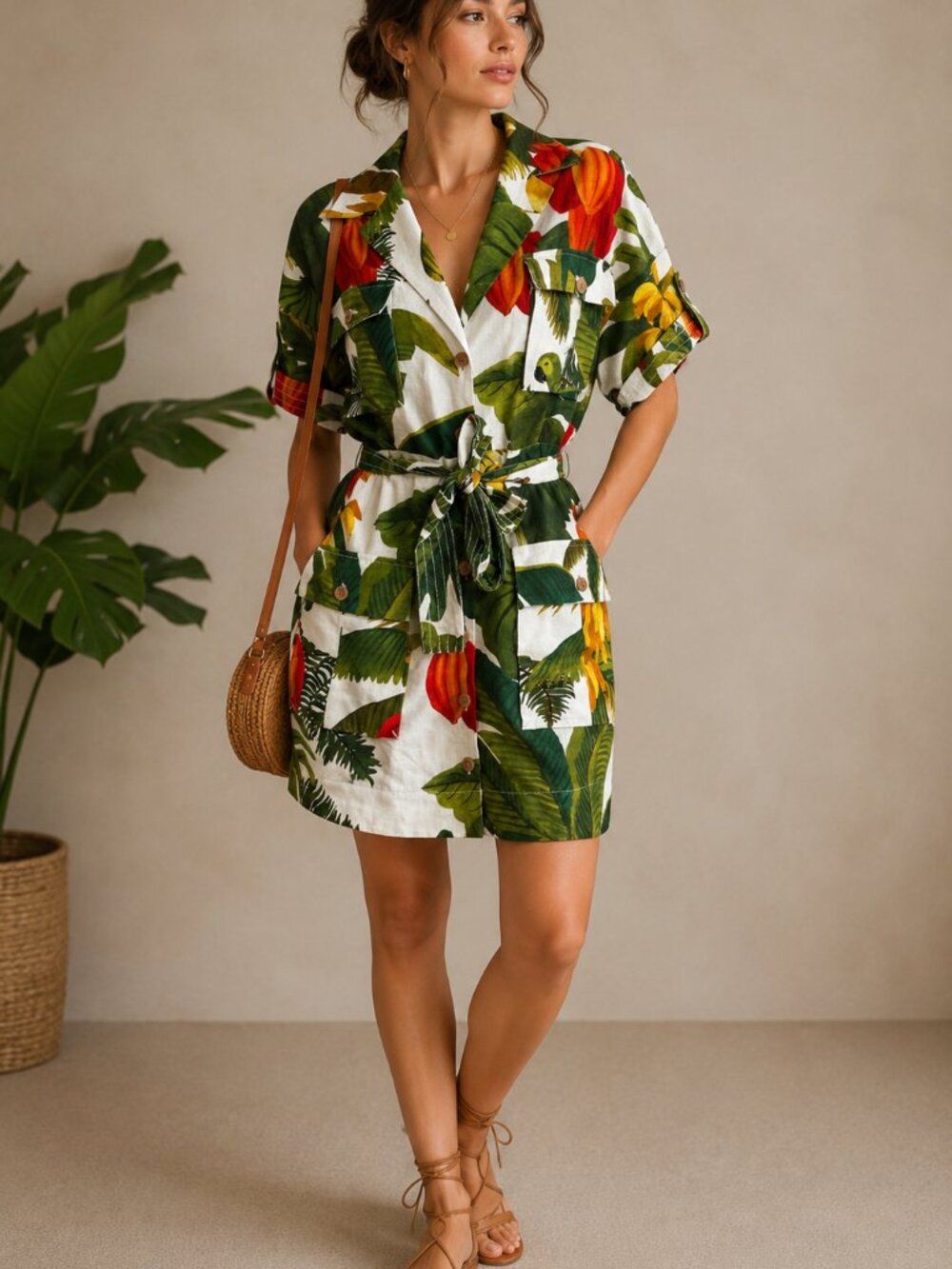 Farm Rio Cocoa Forest Linen Utility Mini Dress Tropical Print Size Small